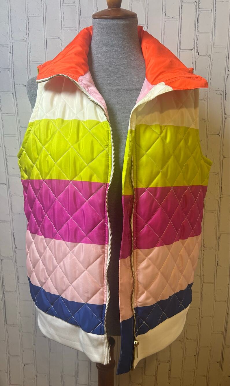 Crown & Ivy Quilted Puffer Vest Women’s L Rainbow Stripe Colorblock NWT